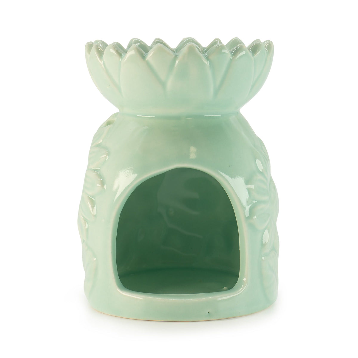 Ceramic Sunflower Oil Burner, Pastel Green, front view showing its flower-shaped dish and open arch