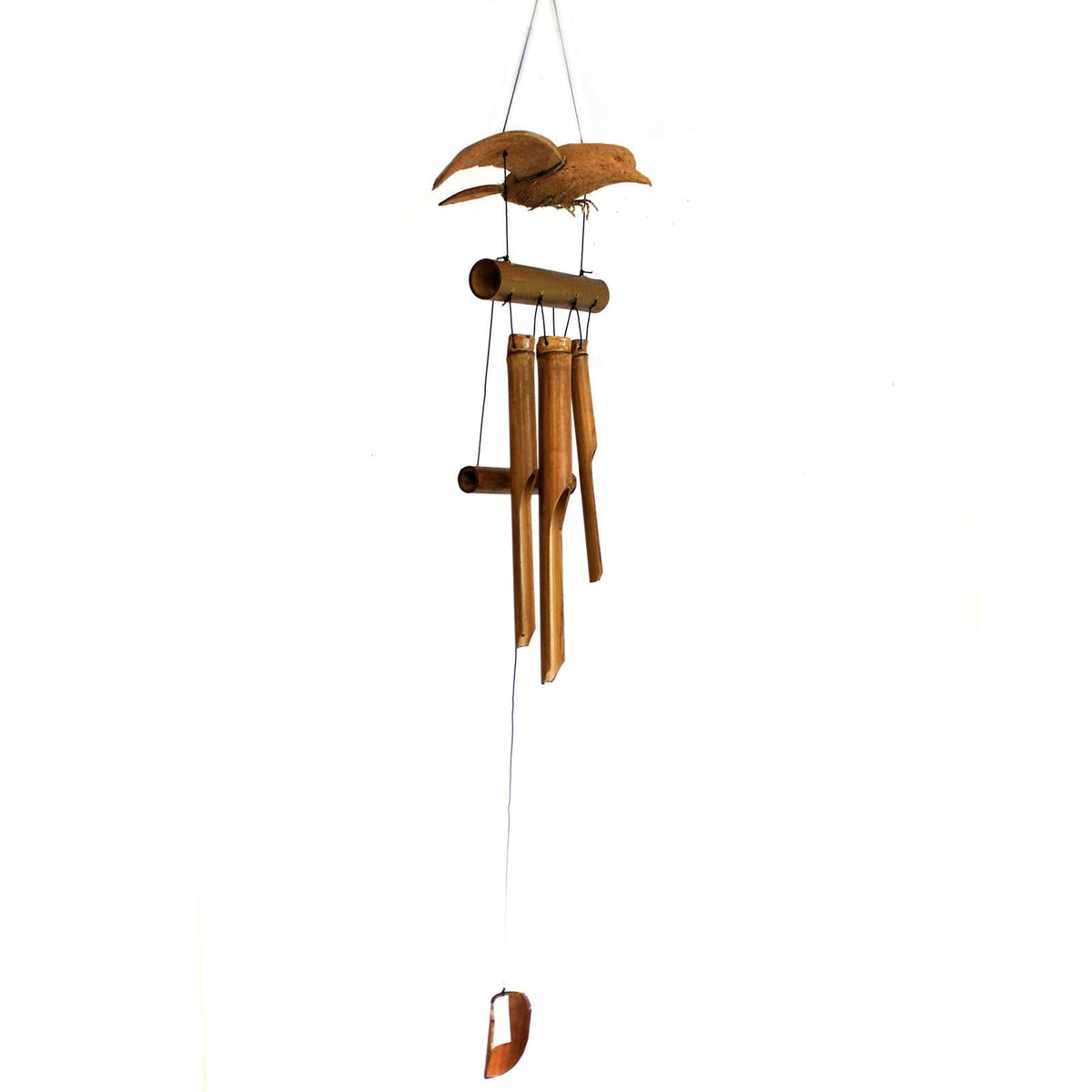 Blackbird wind chimes shown hanging in full against a white background, with long bamboo tubes and a hanging clapper