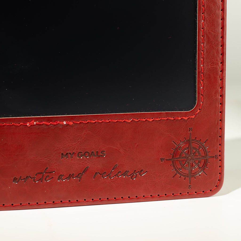 Close-up of the red notebook’s stitched screen border