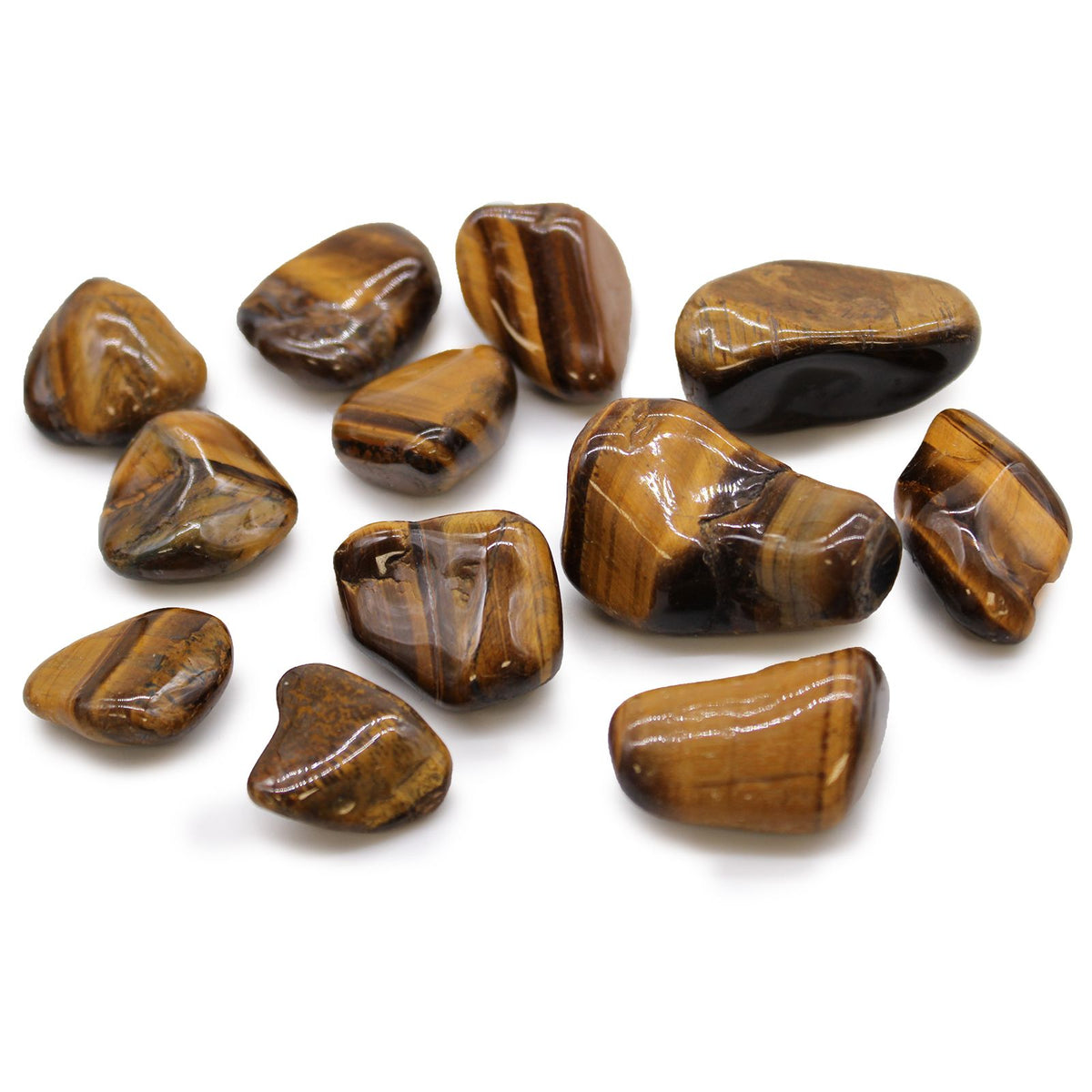 Medium African Tumble Stones, Tigers Eye, Golden, a group of polished brown and gold striped stones