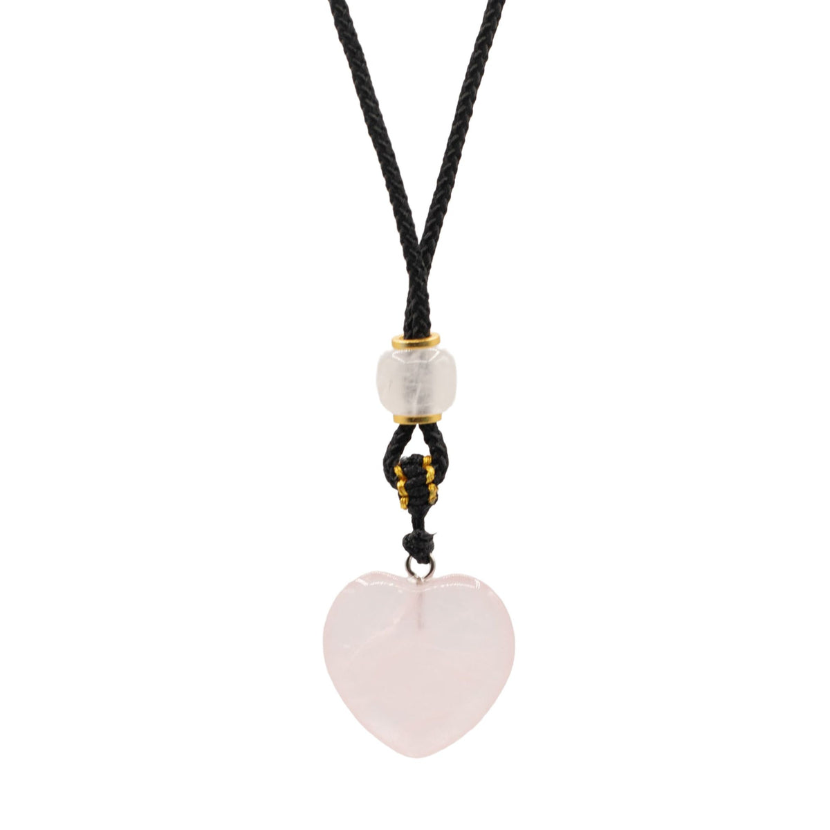 Cord Necklace Gemstone Pendant, Rose Quartz Heart with pale pink heart pendant and black cord, front view