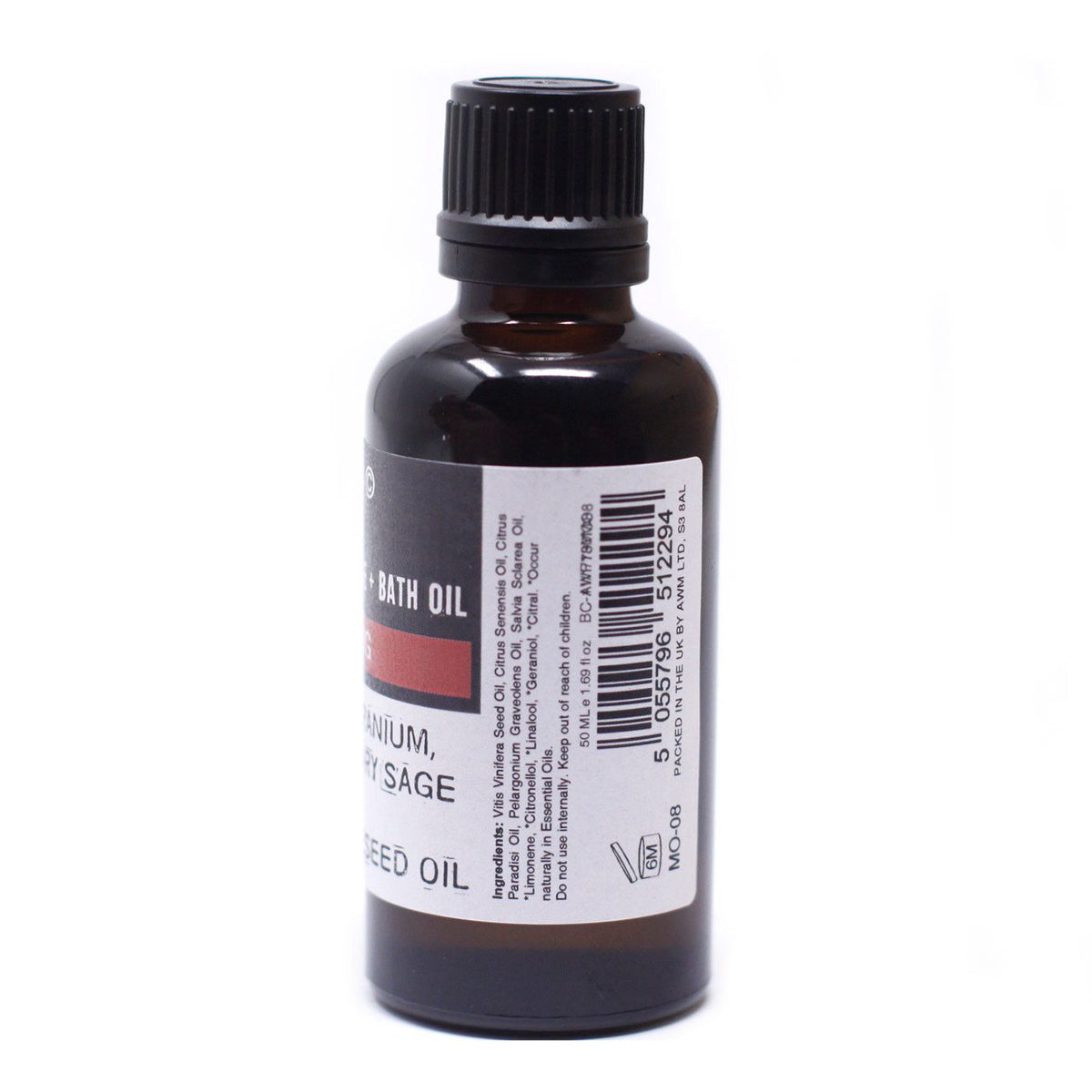 Warm & Uplifting Massage Oil, dark bottle turned to show its back label and barcode