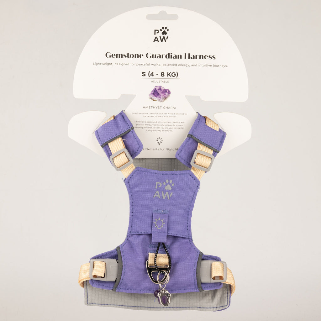 PAW lavender step-in harness with amethyst paw charm, shown from the front