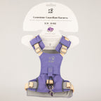 PAW lavender step-in harness with amethyst paw charm, shown from the front
