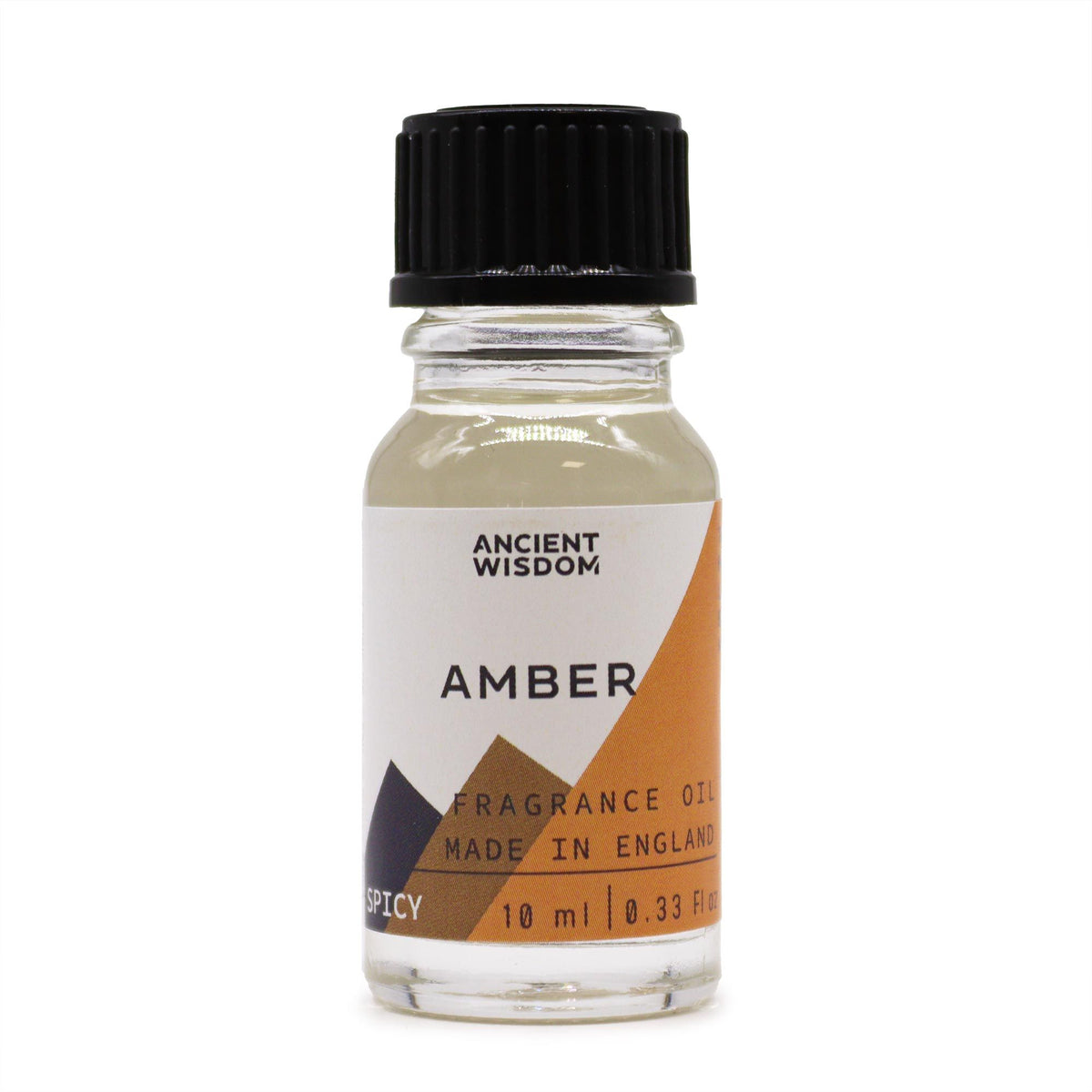 10ml Amber Fragrance Oil in a clear bottle with a black cap and white and orange label, front view