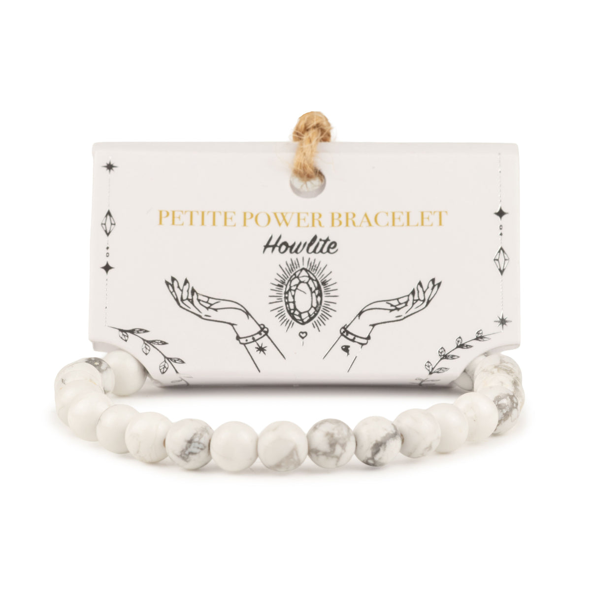 Petite Howlite bracelet with white and grey-veined beads on its illustrated card
