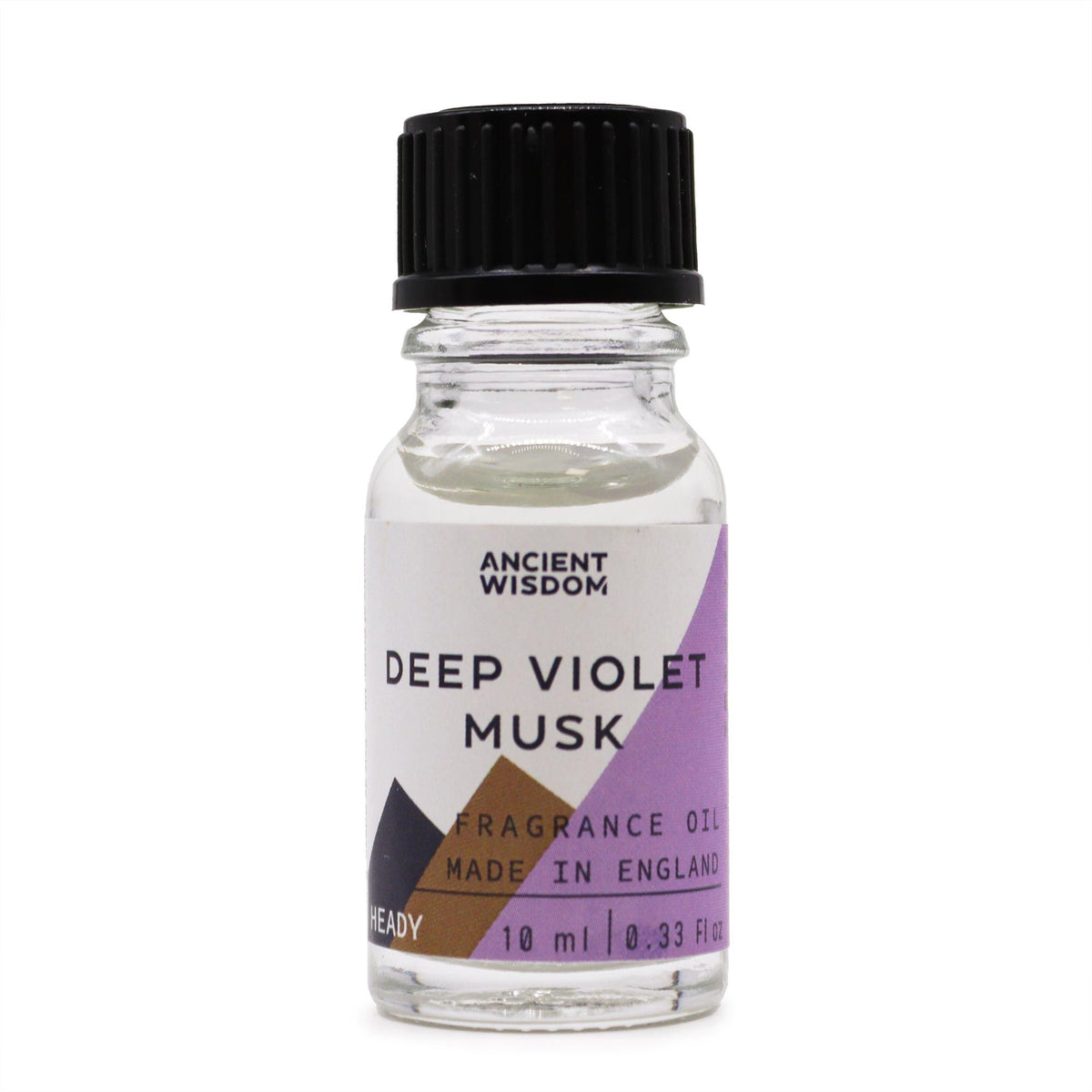 10ml Deep Violet Musk Fragrance Oil in a clear glass bottle with black cap and front label