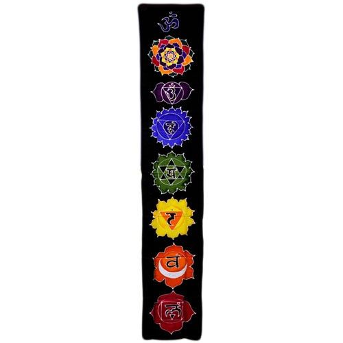 Chakra Drop Banner, Midnight, a long black hanging with colourful chakra symbols shown from the front