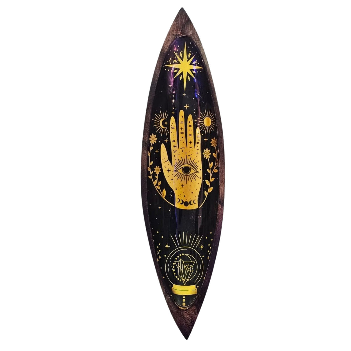 Enamel Incense Bowl, Mango Wood, Hamsa, long dark bowl with gold celestial hand design, shown upright