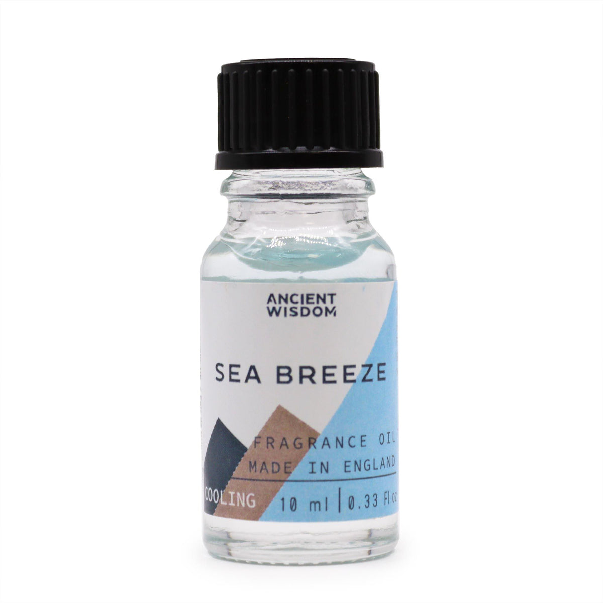 10ml Sea Breeze Fragrance Oil in a clear glass bottle with a black cap, front view on white