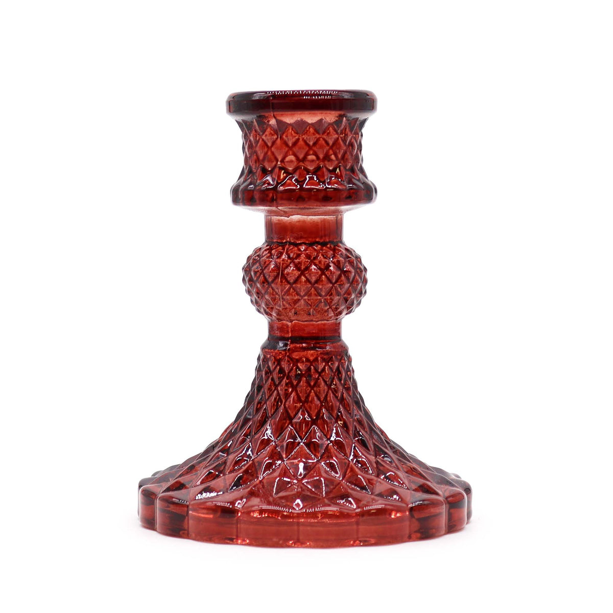 Vintage Dinner Candle Holder, Vampire Red, front view of a red patterned glass holder