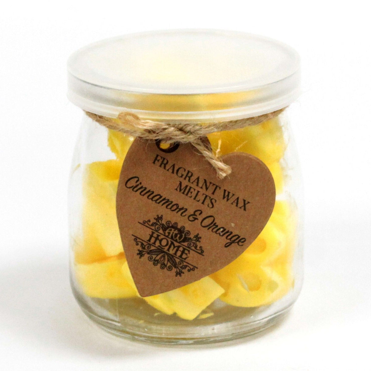 Closed glass jar of yellow melts with a brown heart label, shown upright against a white background
