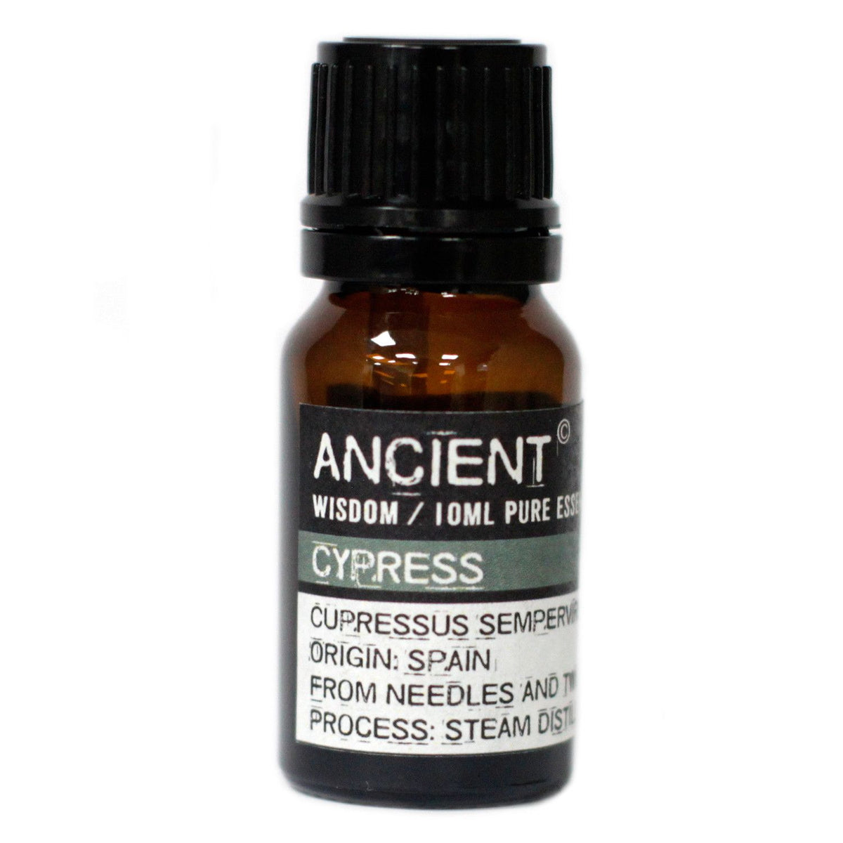 10 ml Cypress Essential Oil in a dark amber bottle with a black cap, shown upright from the front