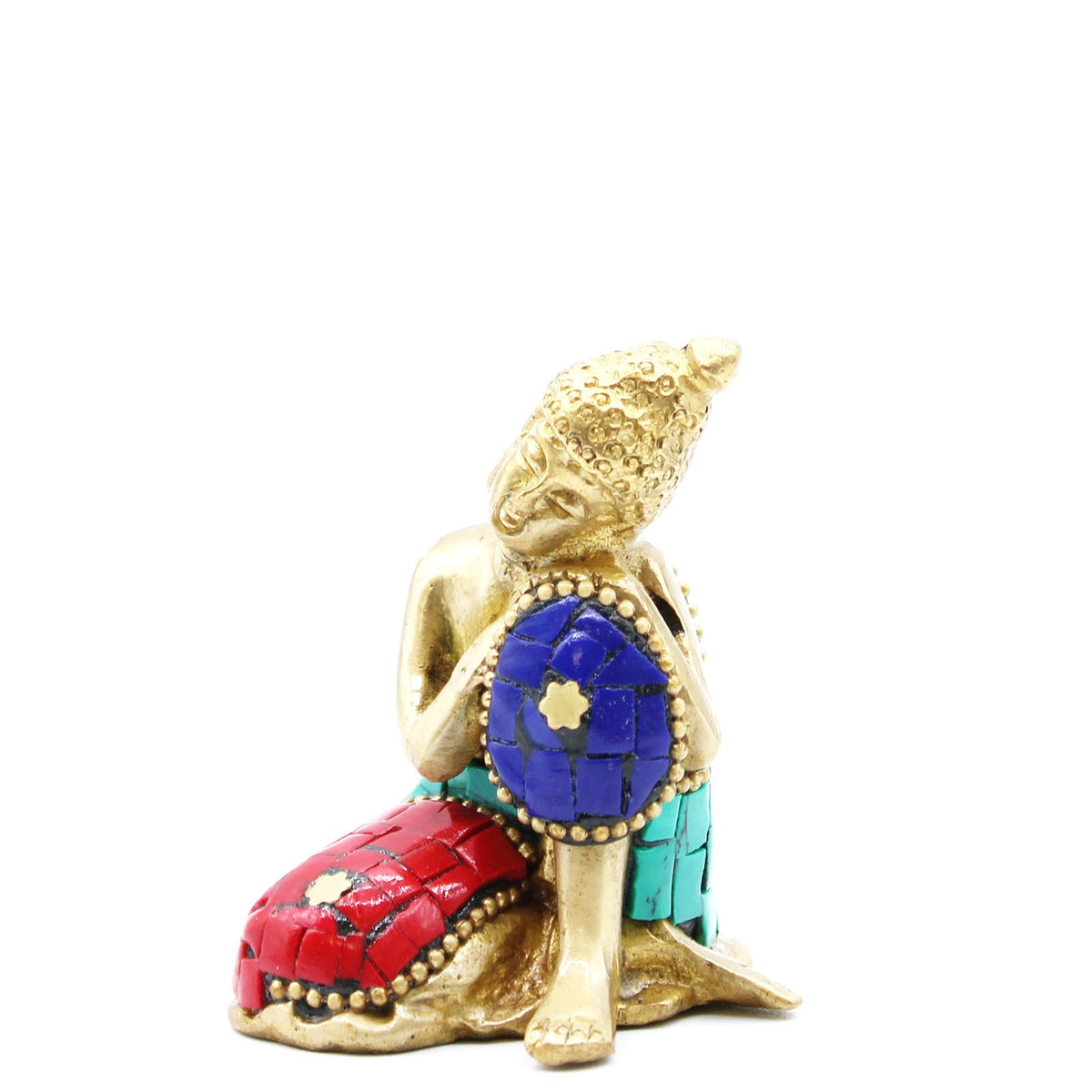 Brass Buddha Figure, Thinking, seated with red, blue and turquoise detailing on a white background