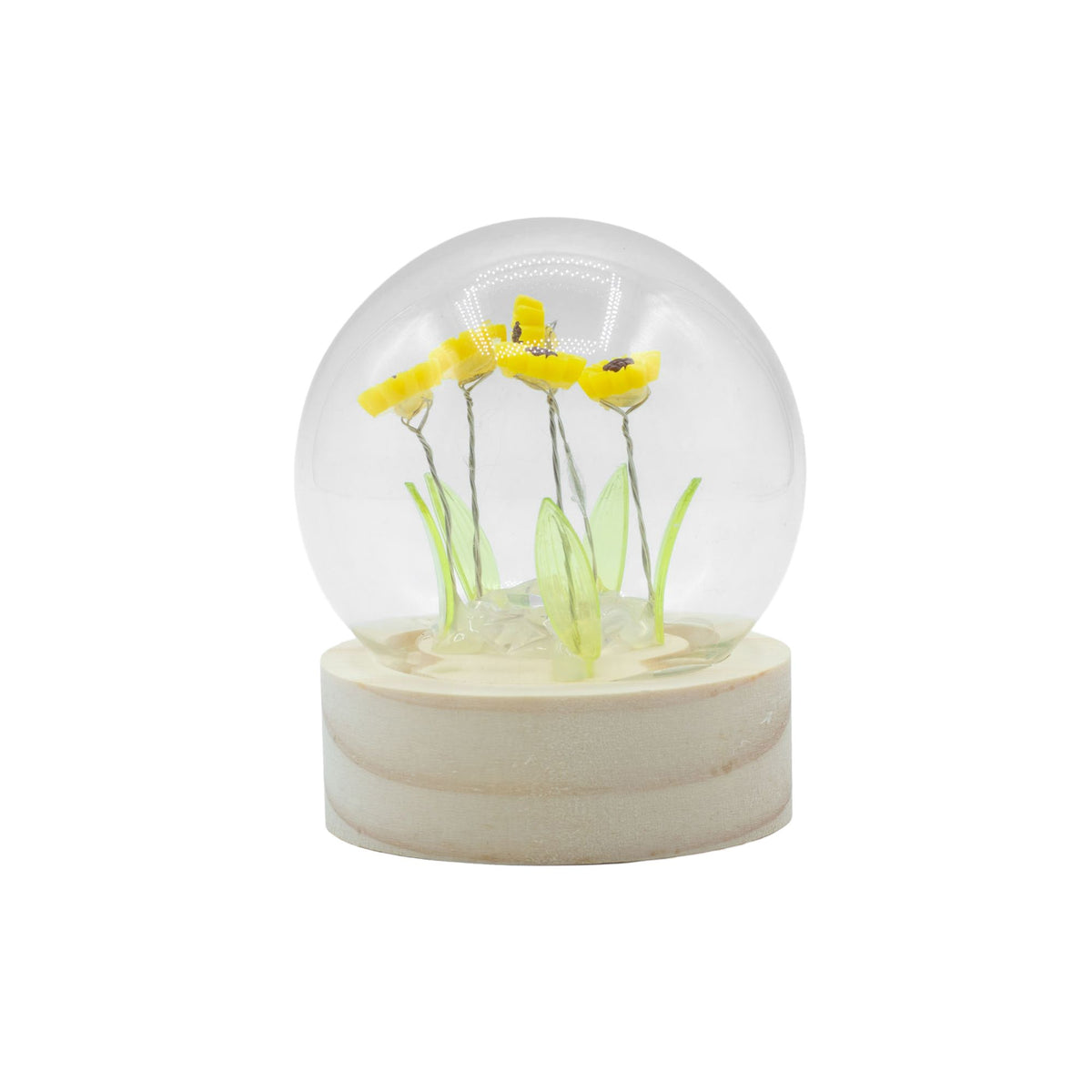Floral Glow Garden Dome unlit, showing yellow flowers and green stems inside a clear globe