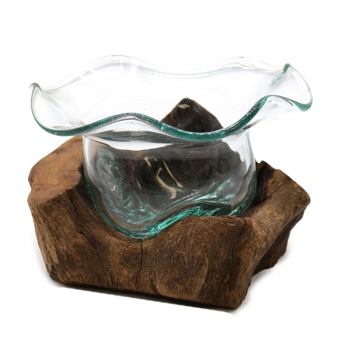 Molton Glass Fancy Sweet Bowl on Wood, clear glass bowl with a wavy turquoise rim on a chunky wooden base