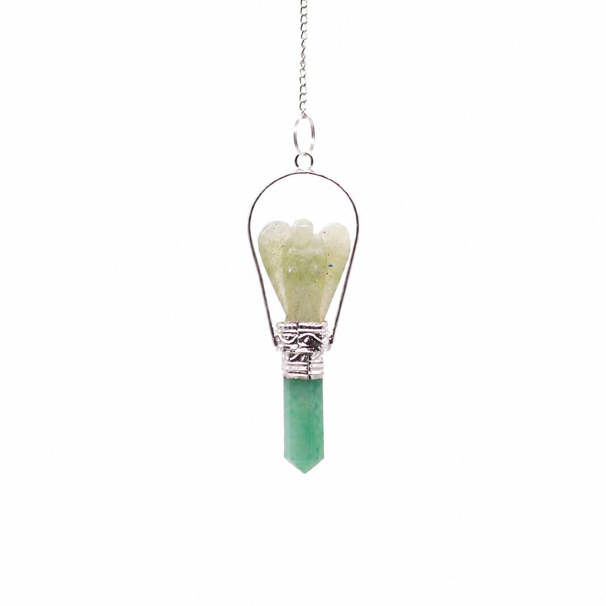Green Adventurine angel pendulum shown alone against white, with its silver ring, chain and green point