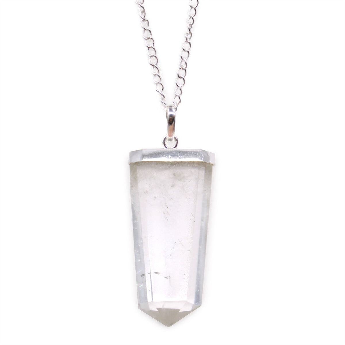 Gemstone Flat Pencil Pendant, Rock Quartz, clear pointed stone pendant on a silver chain, front view