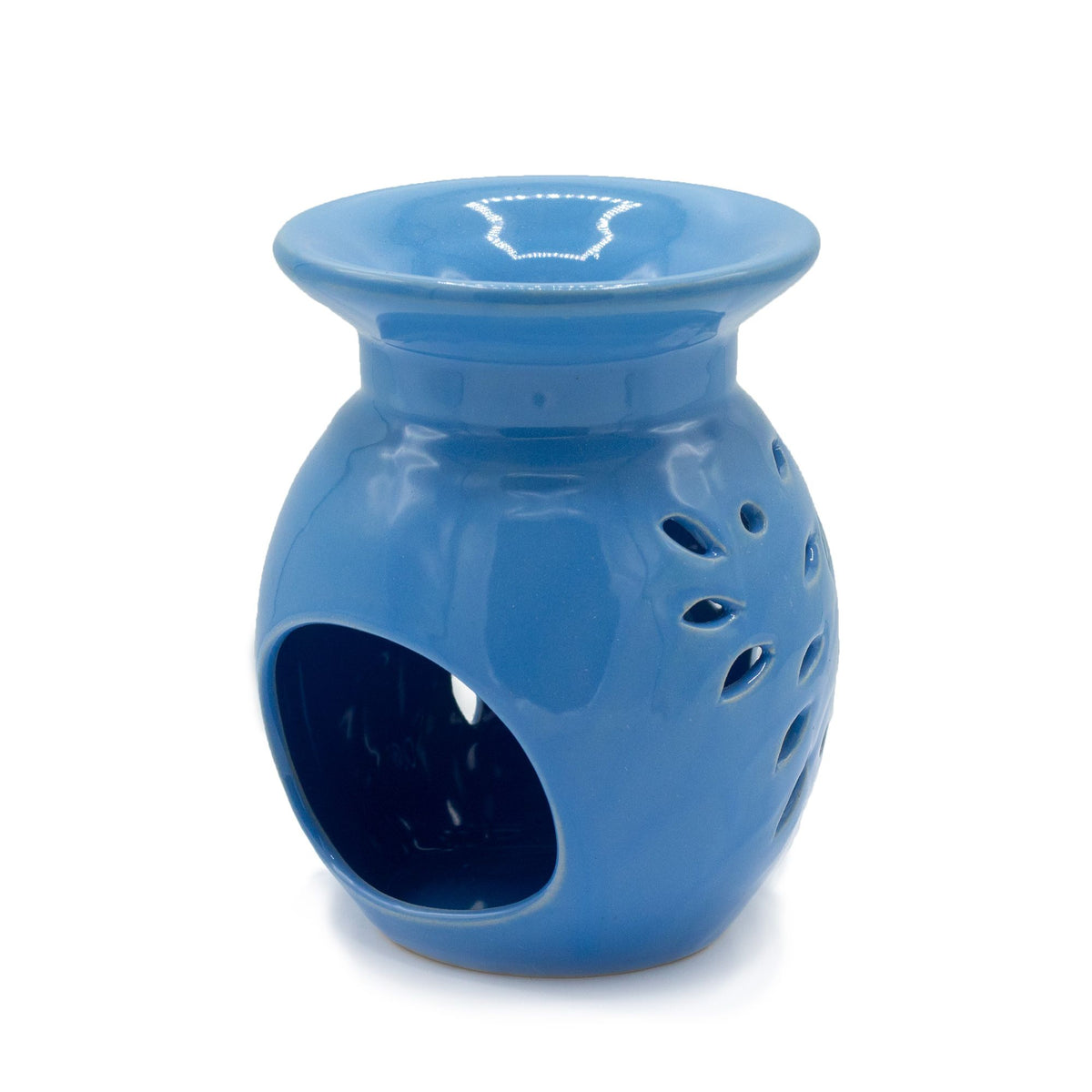 Floral Oil Burner, Blue, glossy ceramic burner shown from the front at an angle on a white background