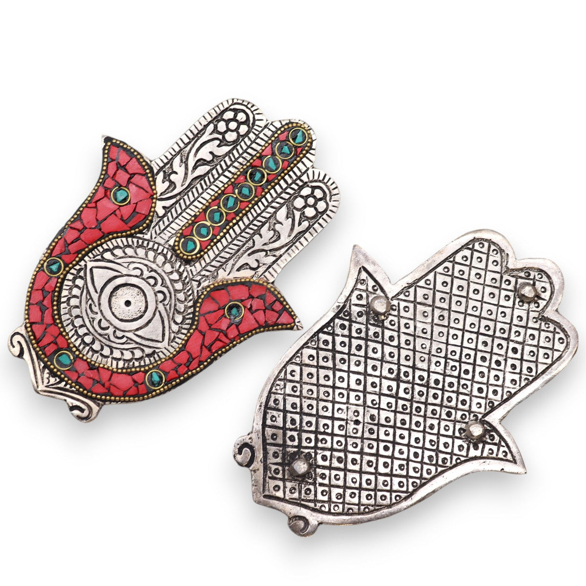 Red & Green Small Hamsa Incense Holder showing its decorated front beside the patterned reverse on white