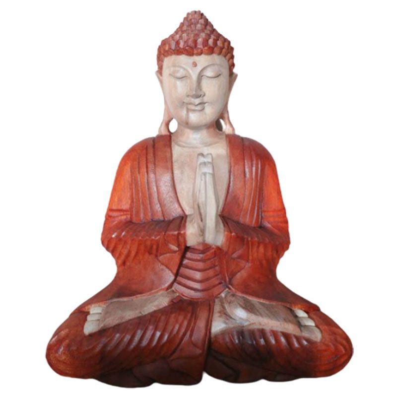 Buddha statue seated with hands together, shown full length on a white background