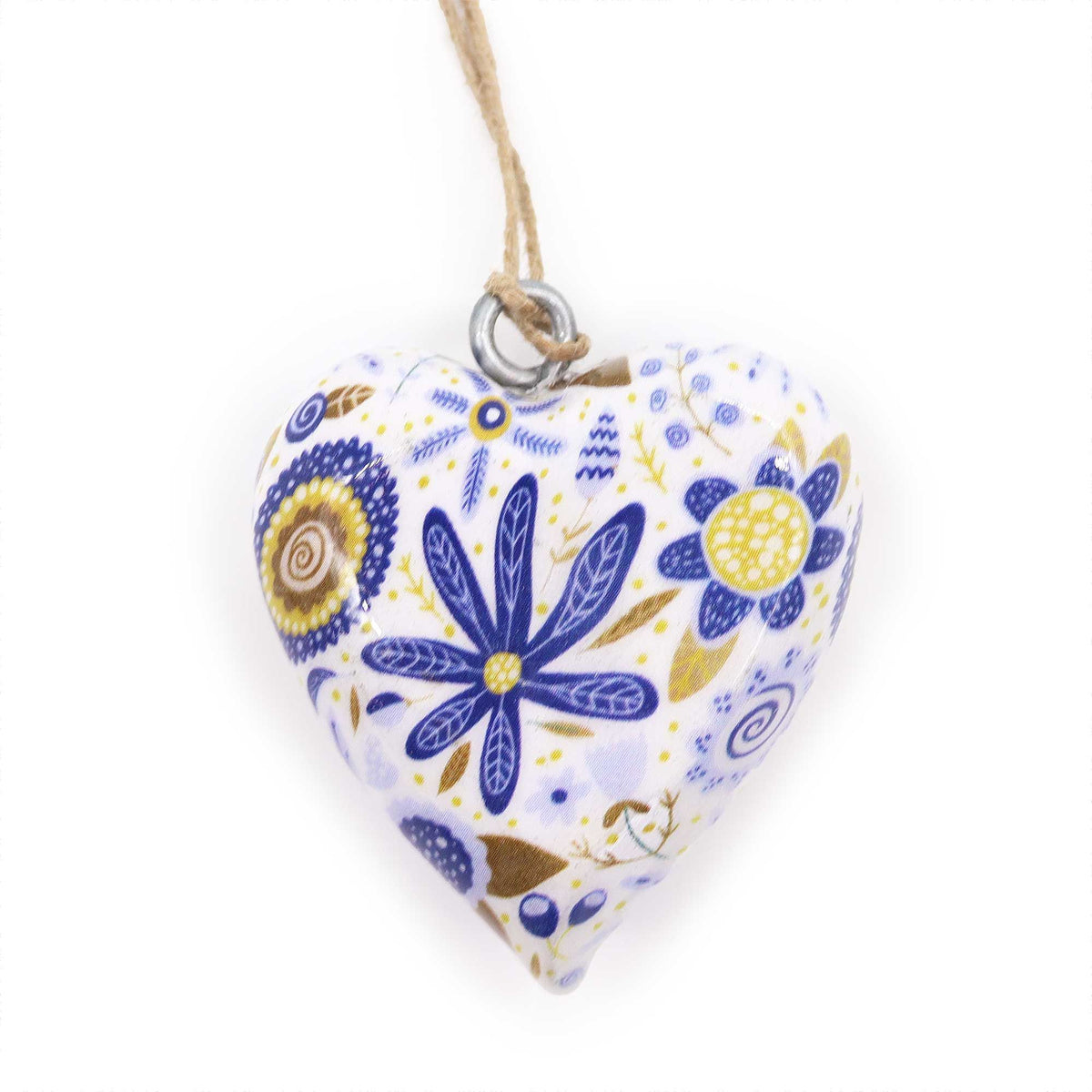 Blue Floral wood heart hanging from twine, close-up view of its blue and yellow flower pattern