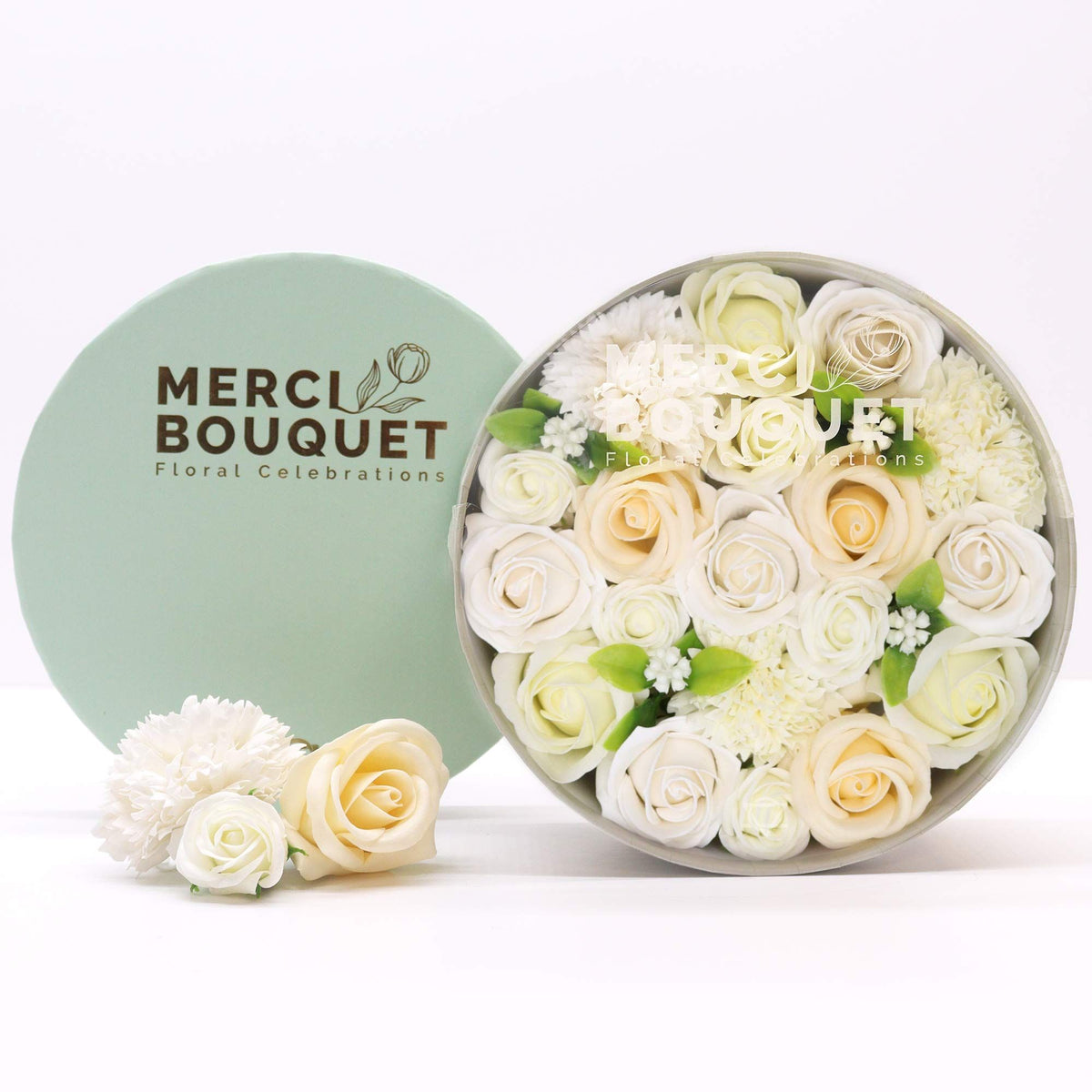Round Box, Wedding Blessings, White & Ivory, open with soap flowers beside its mint green lid