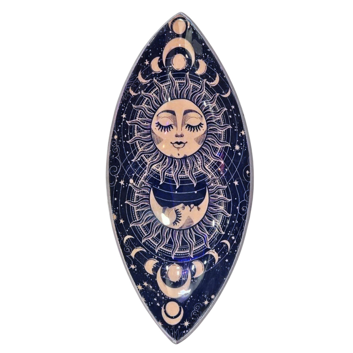 Enamel Incense Bowl, Aluminum, Pink Sun & Moon, pointed oval dish with dark blue celestial design
