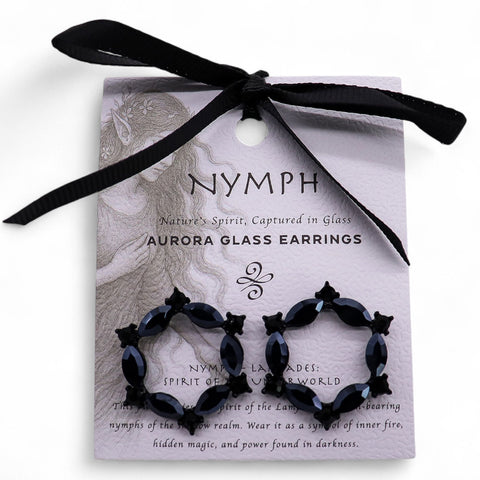 Jet Black Vintage Glass Loop Earrings on a pale Nymph card tied with a black ribbon
