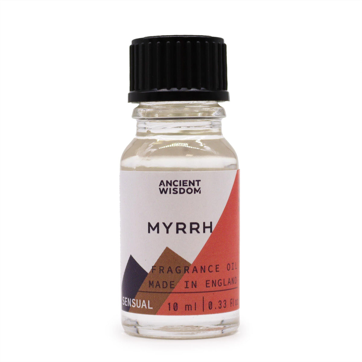 10ml Myrrh Fragrance Oil in a clear glass bottle with a black cap, shown upright from the front