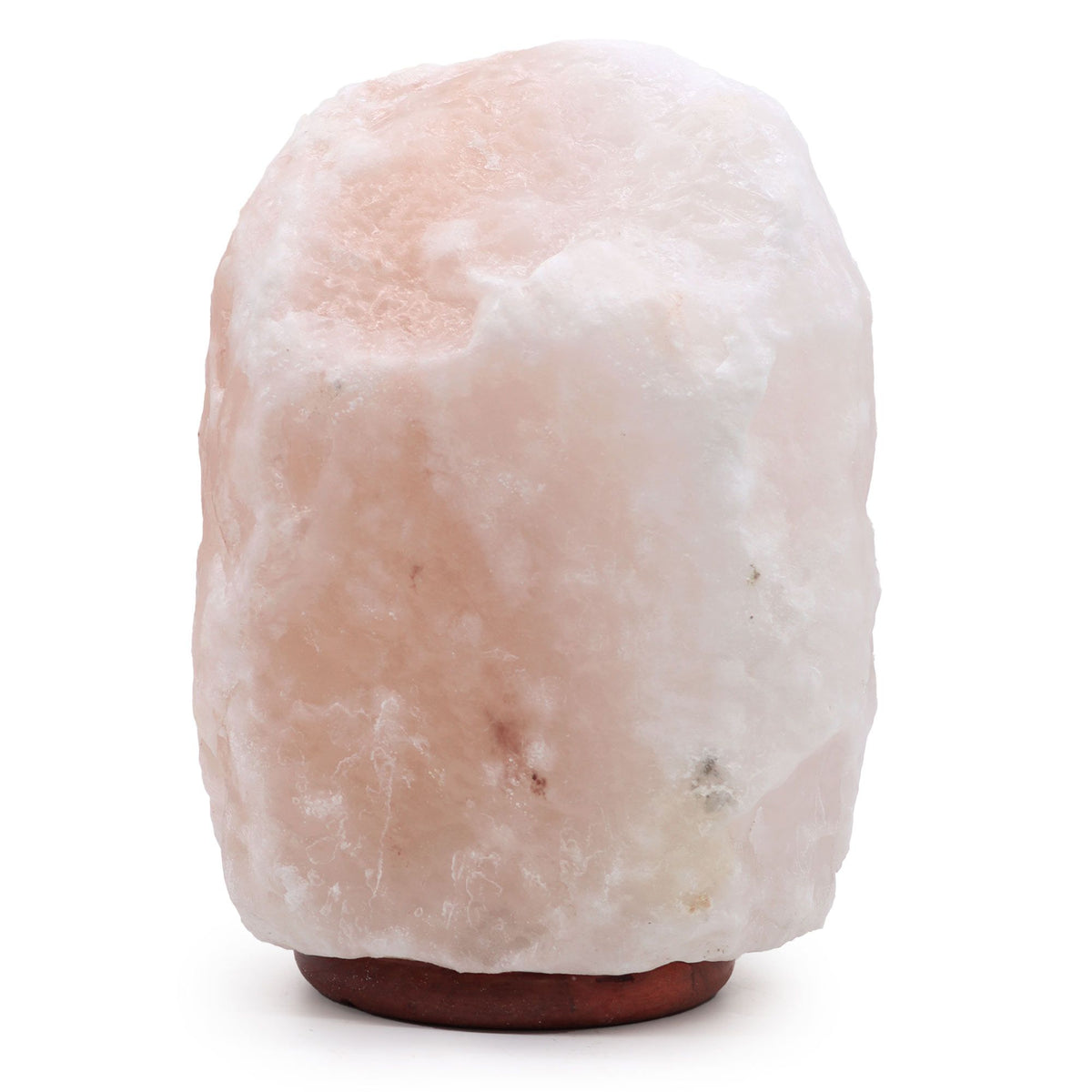 Quality Huge Natural Salt Lamp, pale pink salt block on a dark wooden base, shown upright against white