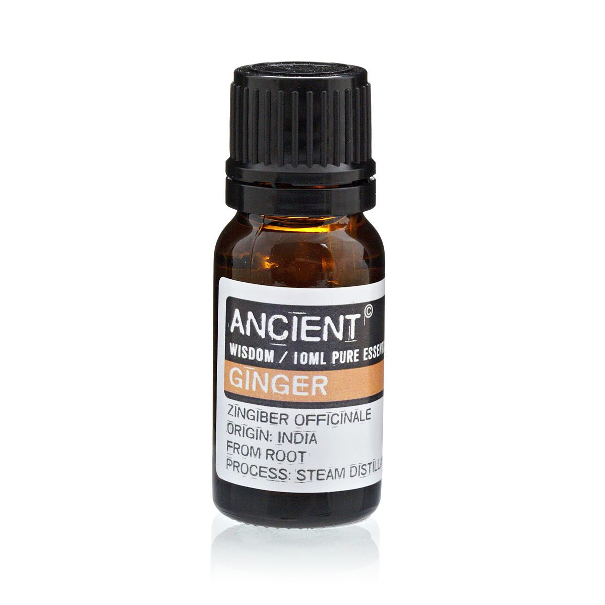 10 ml Ginger Essential Oil in a small amber bottle with a black cap and white label