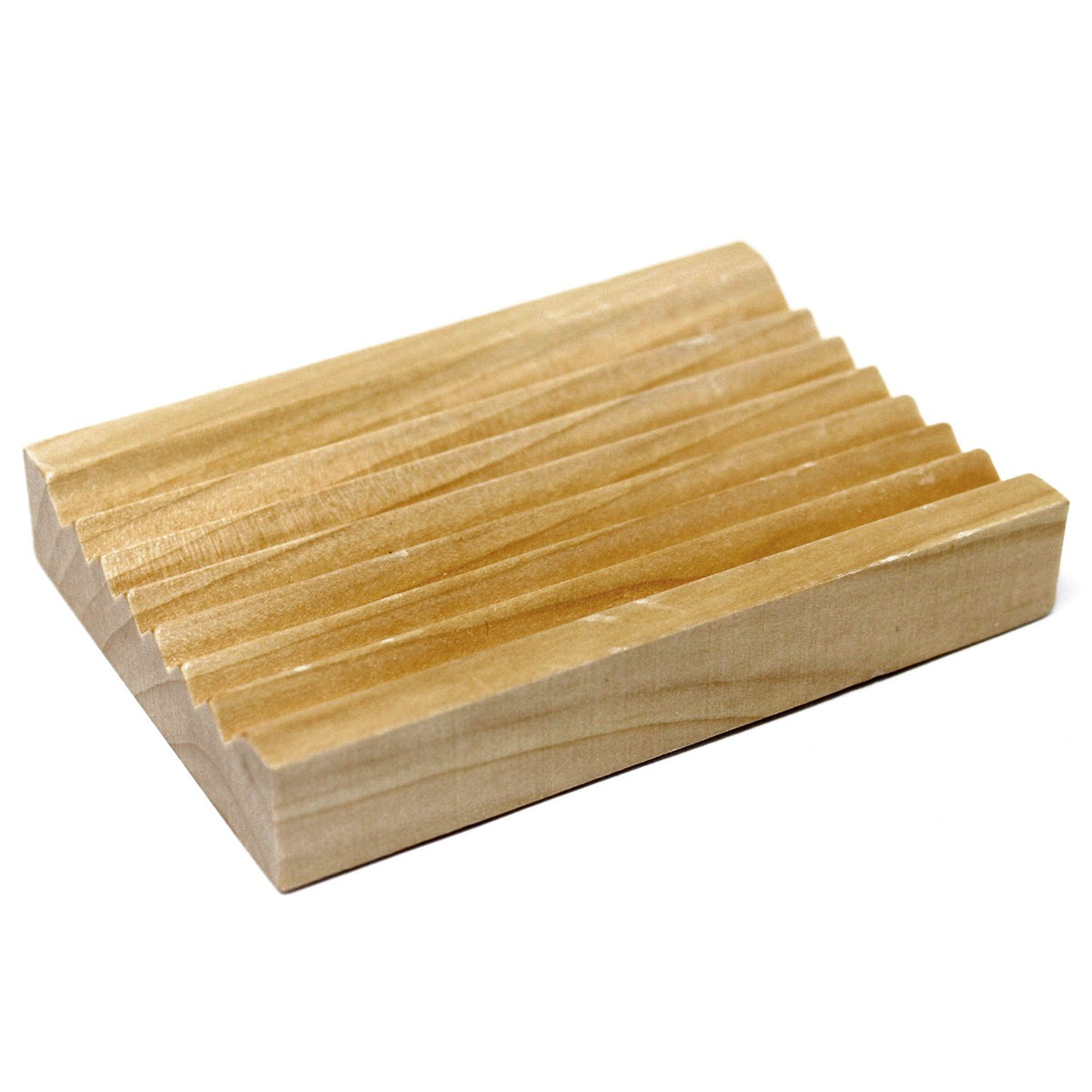 Hemu Wood Soap Dish, Groovy, a light brown wooden dish with parallel ridges, shown at an angle