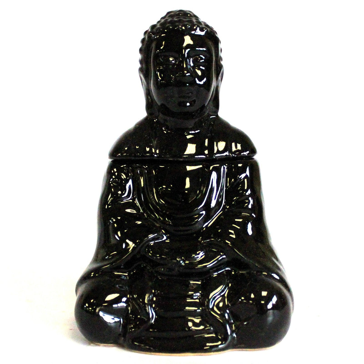 Sitting Buddha Oil Burner, Black, glossy seated figure shown from the front against a white background