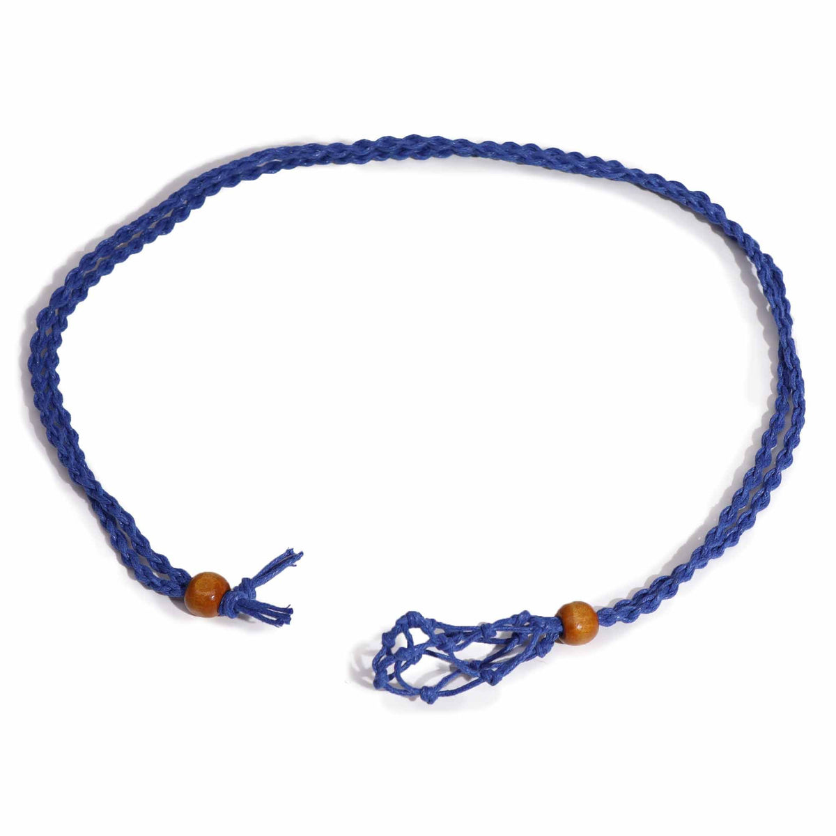 Navy necklace cord arranged flat in an oval, viewed from above with its adjustable ends visible