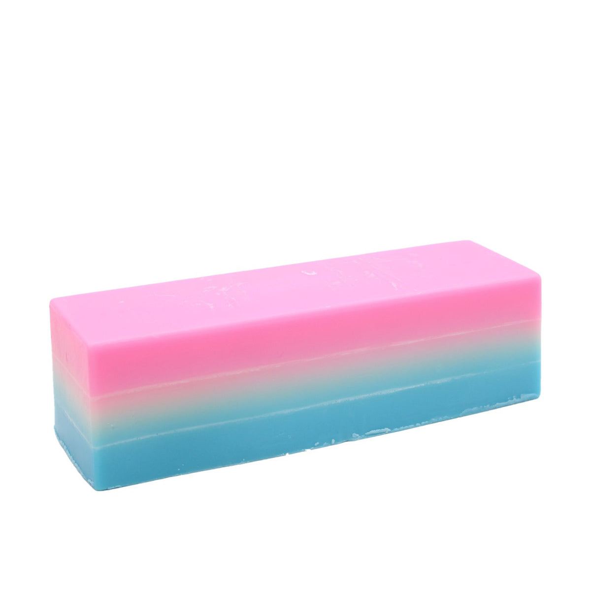 Baby Powder soap loaf, a single rectangular bar with pink, pale and blue horizontal layers