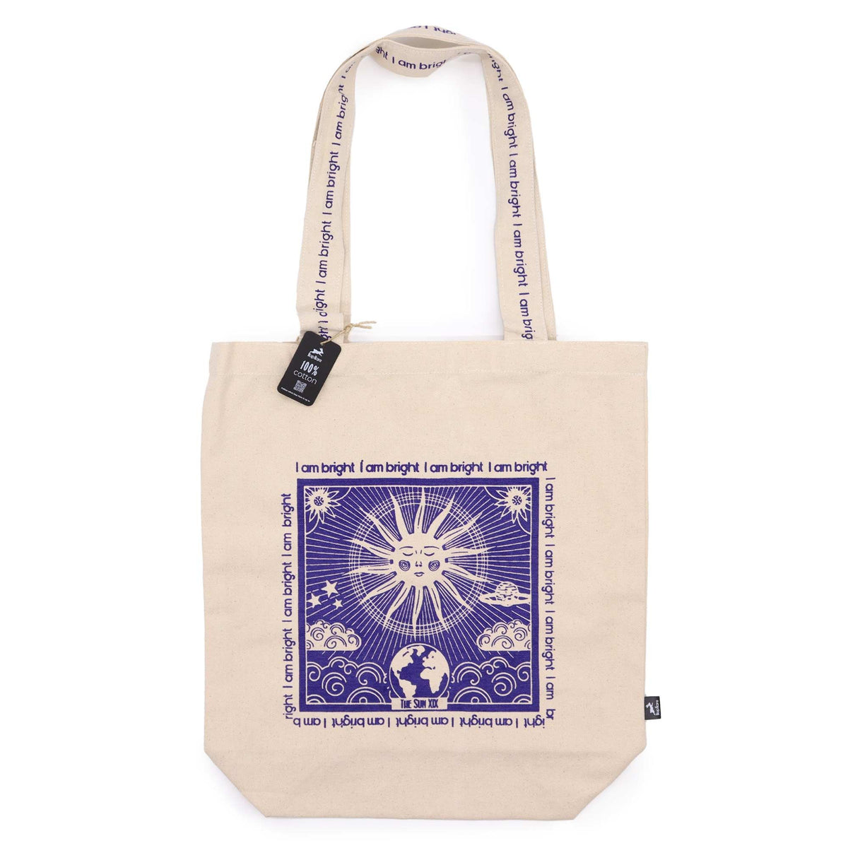 Cream cotton tote bag printed with a blue sun-and-clouds tarot-style design