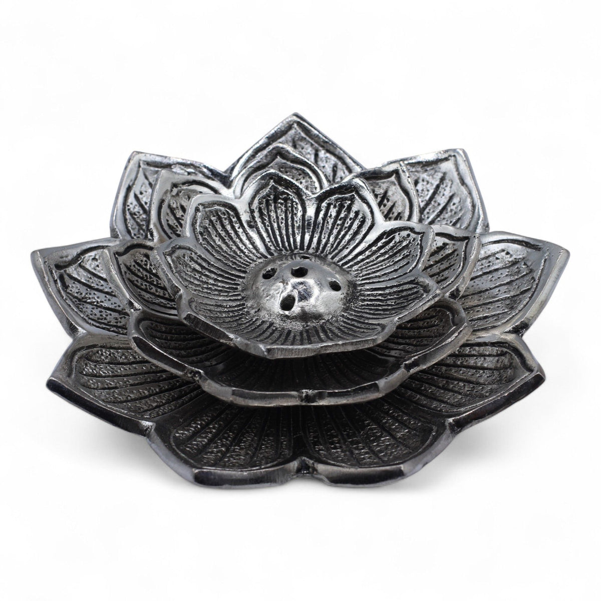 Tri-Flower Lotus Flower Incense Holder, silver-toned layered lotus dish shown close up on white