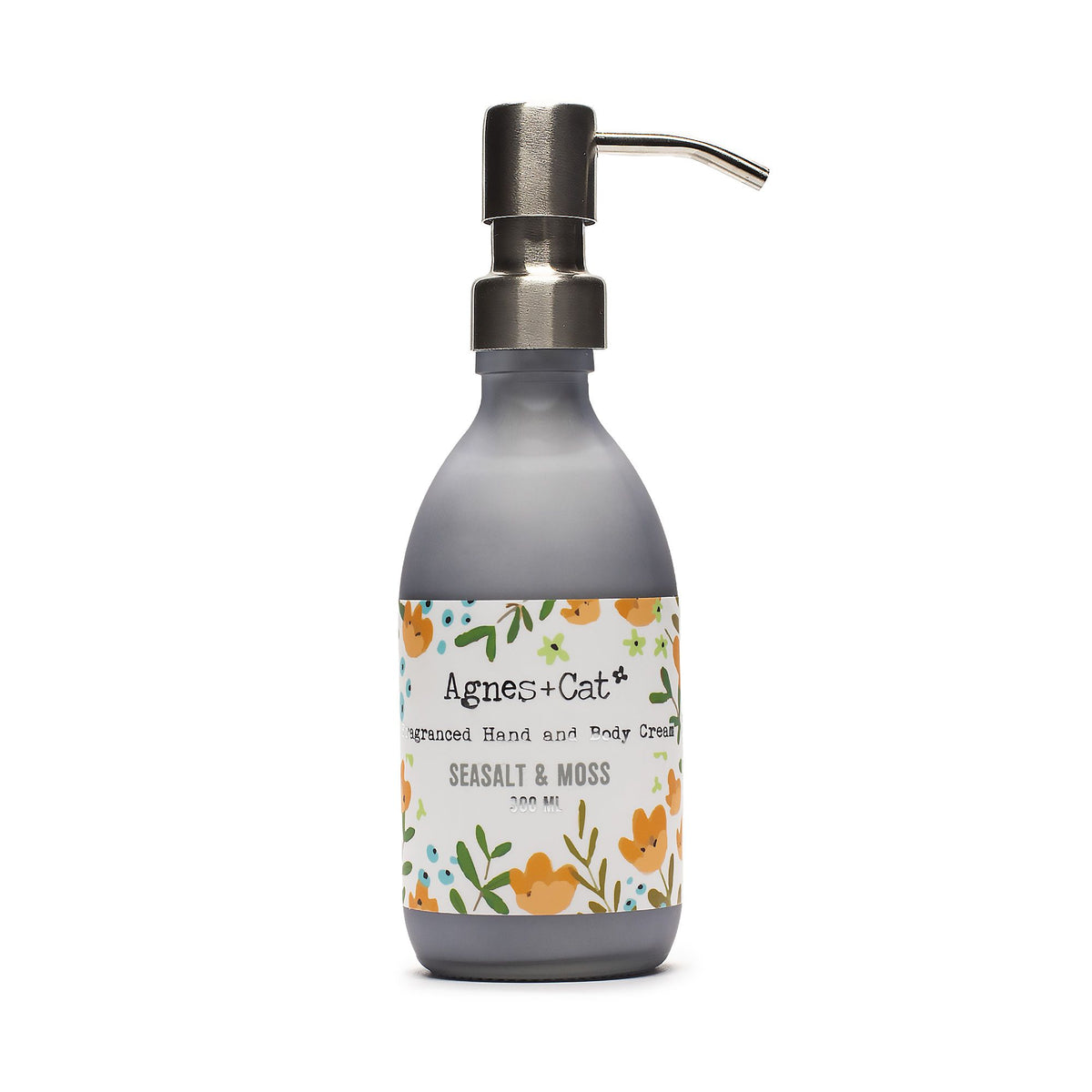 Sea Salt & Moss cream in a grey pump bottle, shown upright against a plain white background