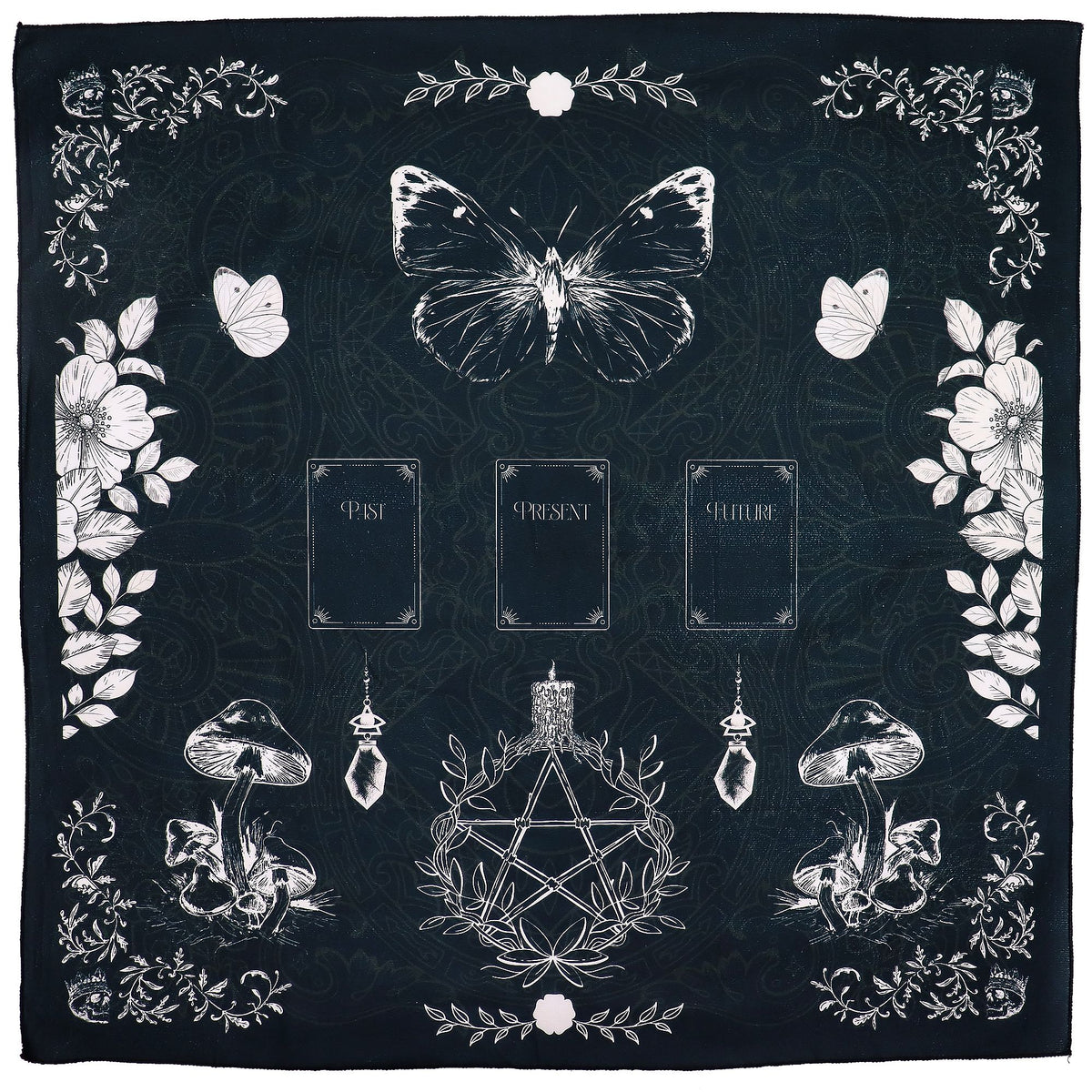 Ancient Witch tarot reading cloth with a butterfly and framed card spaces