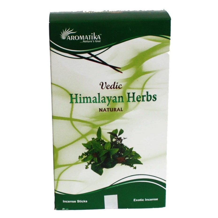 Vedic Himalayan Herbs incense sticks in a green and white upright box, shown from the front