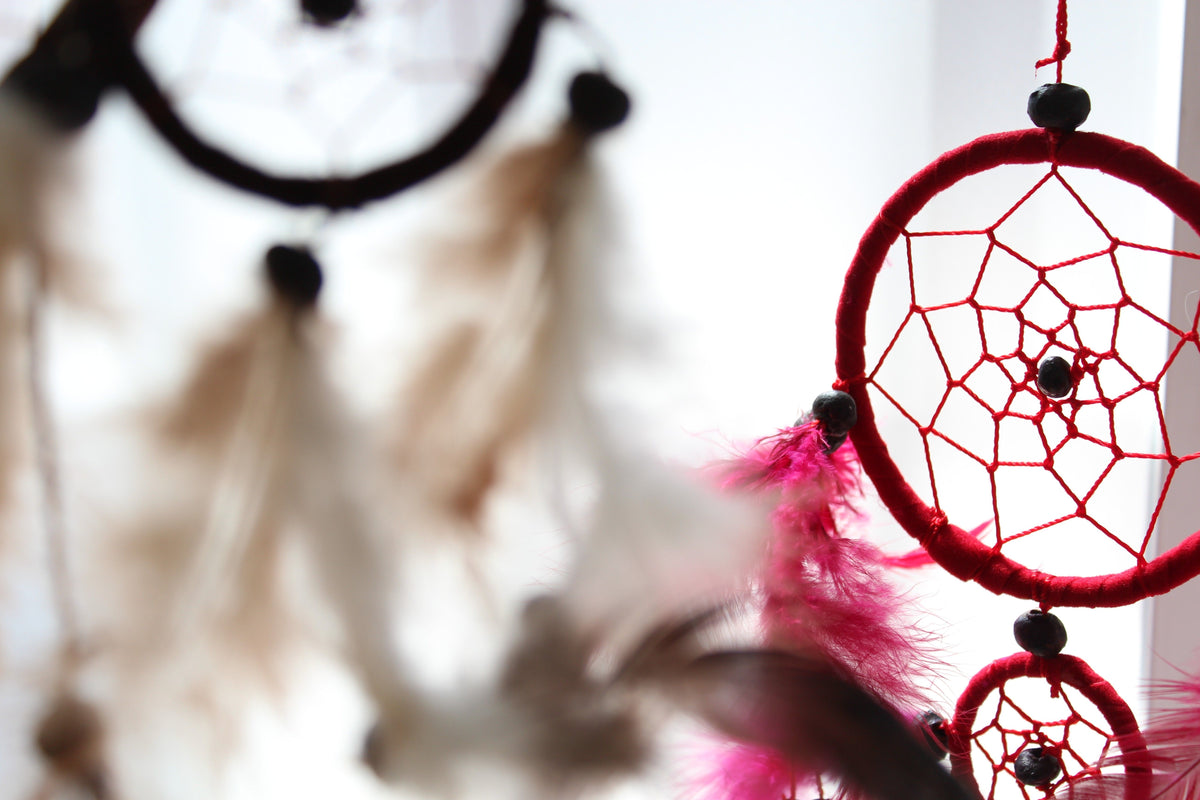 Bali Dreamcatchers, Small Heart, Turq/Pink/Purp, pink heart web and feathers in close-up