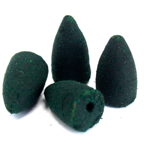 Aromatica Backflow Incense Cones, White Sage, four dark cones in a close-up on white