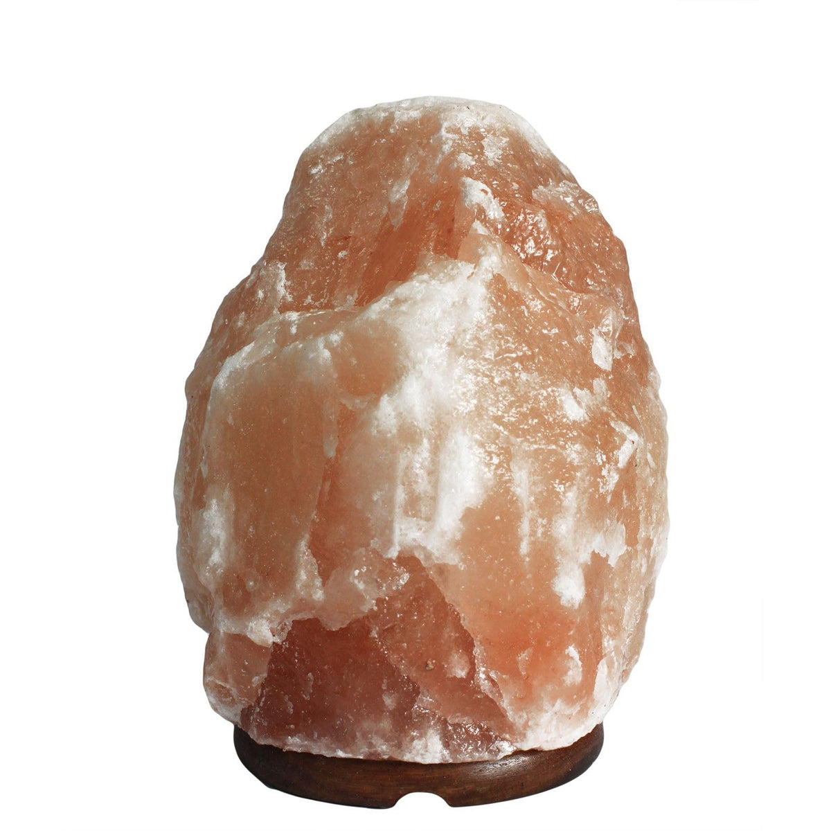 Quality natural salt lamp with base, an irregular pink-orange rock on a dark wooden base