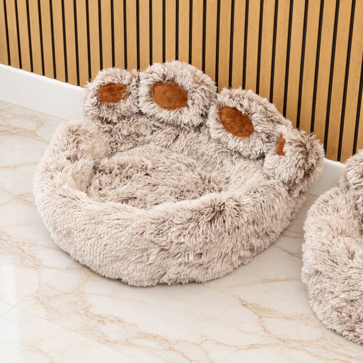 Raised paw toes and brown pads on the bed