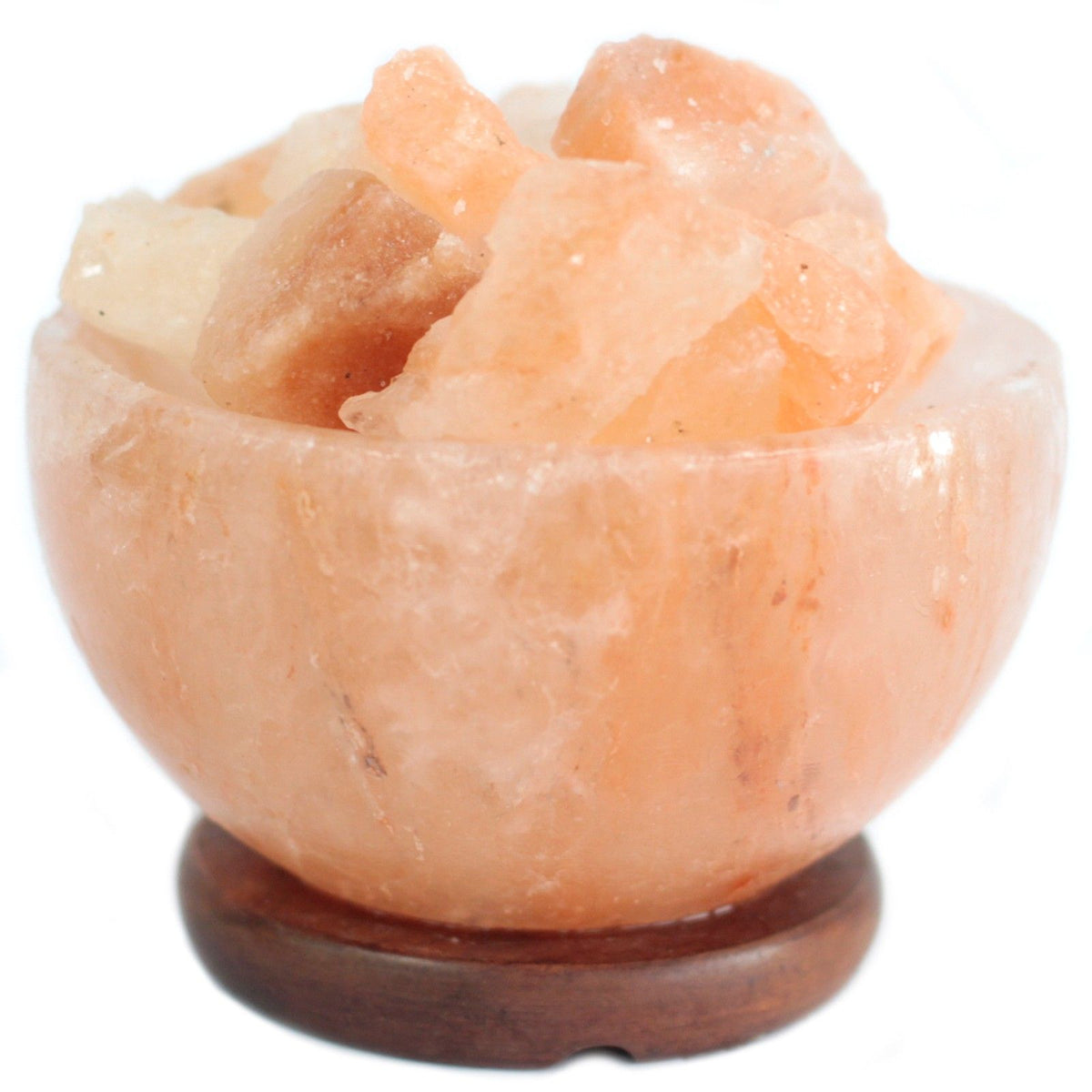 Salt fire bowl shown unlit on a dark wooden base against a white background