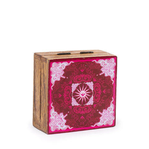 Hop Hare Small Enameled Square Box, Heart & Cupid, closed with a bright pink patterned lid