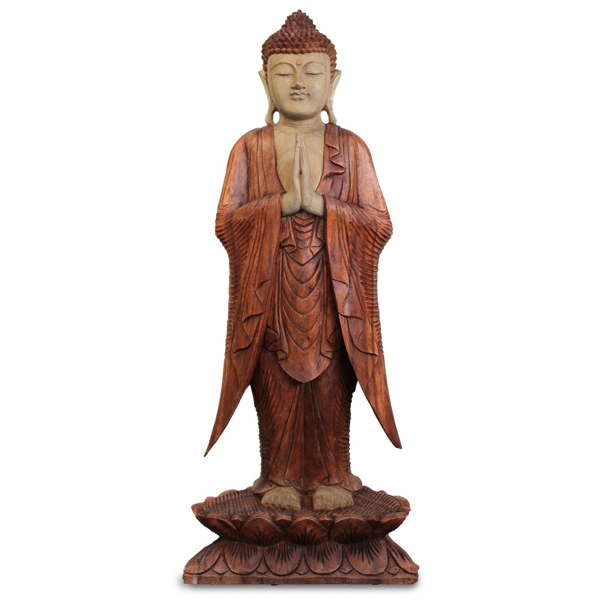 Buddha Statue Standing, 1m Welcome, front view of a reddish brown figure on a lotus base
