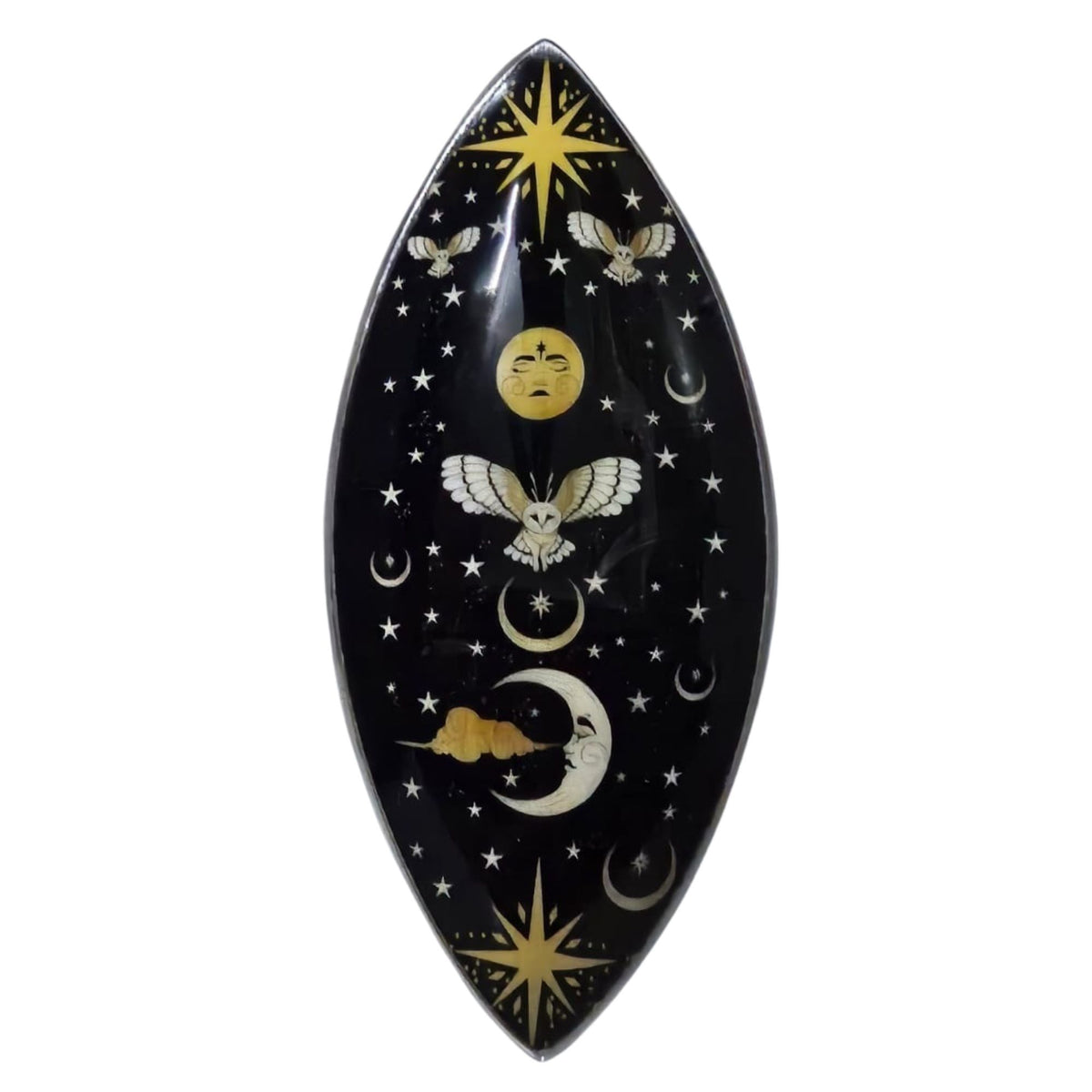 Enamel Incense Bowl, Aluminum, Enchanted Night Owl, black oval dish with gold stars and moons