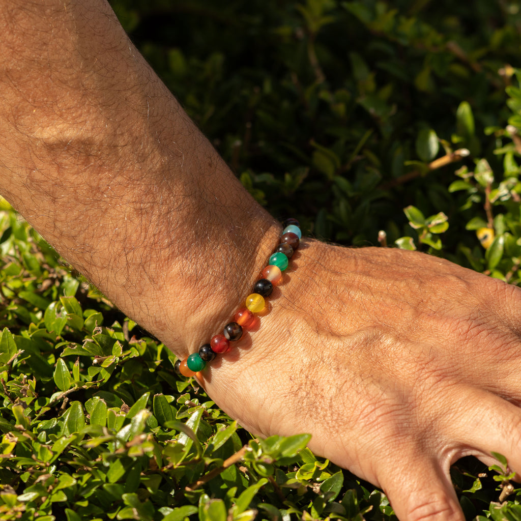 Close view of the multicoloured bracelet worn on a wrist